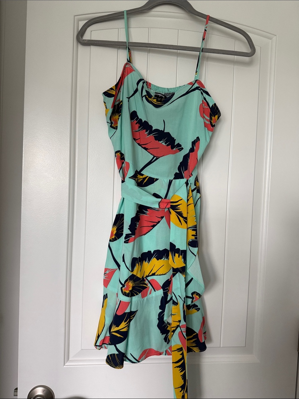 Express Aqua Spaghetti Strap Mini Dress with Coral & Yellow Feather Print